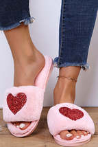 Pink Sequin Heart Shaped Slip On Plush Slippers - £12.77 GBP