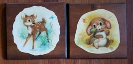 Vintage Wood Wall Art Baby Forest Animals Burned Paper Lacquered to Wood FS - £23.26 GBP