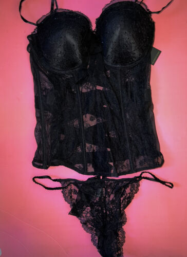 Primary image for Victoria's Secret DESIGNER COLLECTION 34C,36C CORSET bustier panty BLACK crystal