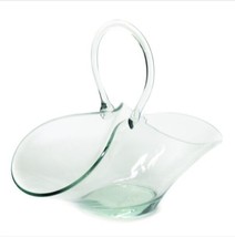 Vintage Art Glass Clear Green Small Basket Apply Handle Trinket Candy Dish 5&quot; h - £14.26 GBP