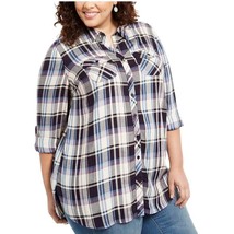 Style &amp; Co Womens Plus 0X Grape Blue Plaid Long Sleeve Button Up Top NWT BG74 - $27.43