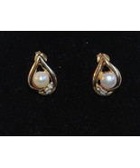 10K Yellow Gold Pearl And Diamond Stud Drop Earrings - £183.93 GBP
