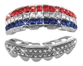 Iced Silver Plated Metal Teeth Grillz Set CZ Dominican Red White Blue Stones - £12.57 GBP