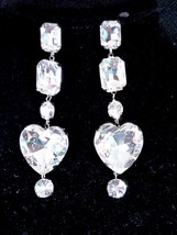 Dangle Bridesmaids Earrings, Rhinestone Heart Drop Earrings, Clear Crystal Chand - £30.03 GBP