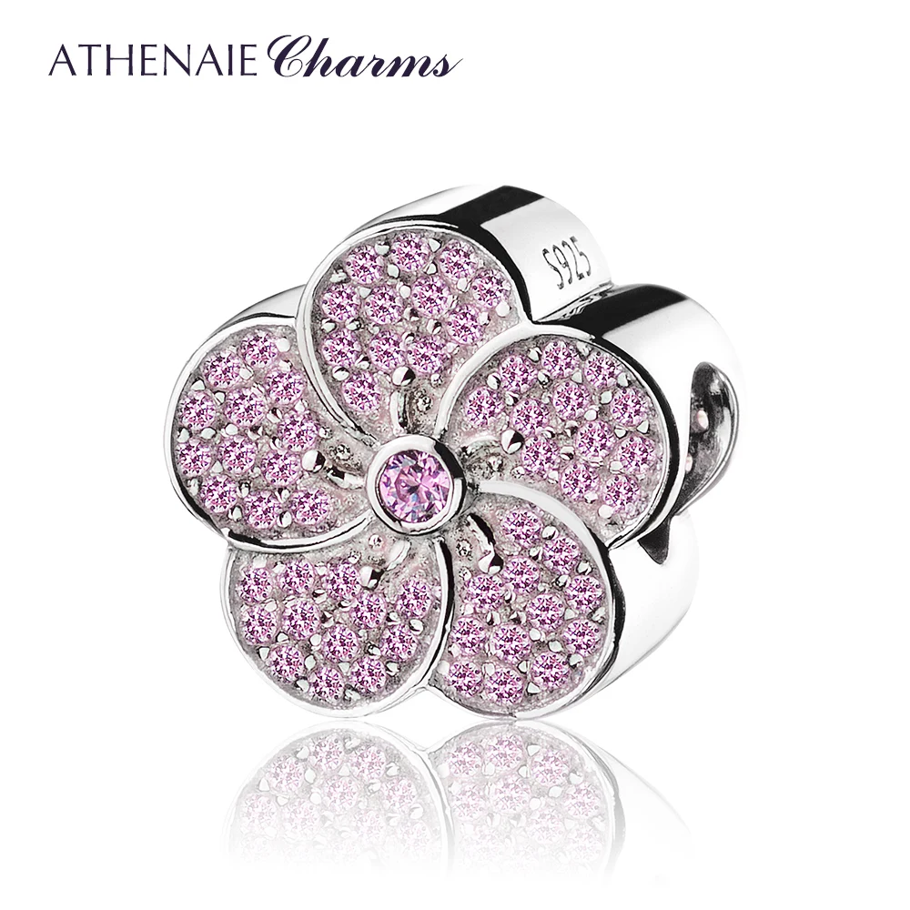 Genuine 925 Sterling Silver with Pave Pink CZ Plum Blossom Charm Beads Fit All E - £46.23 GBP