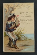 1880 Antique Church &amp; Phalen&#39;s Dry Goods Troy Ny Boy Sailboat Trade Card Ad - £37.76 GBP