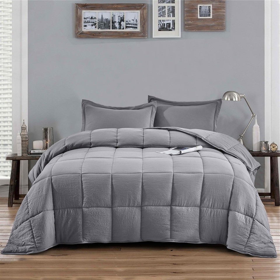 Comforter Quilt Bedding Set Queen 3 Piece Microfiber Reversible Grey 2 Shams - $118.80