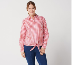 Isaac Mizrahi Live! Button Front Gingham Shirt w/ Ladder Lace Coral, Plus 20 - £11.23 GBP