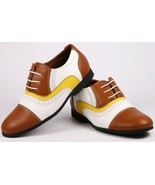 Hand Stitched Genuine Leather Multi Color White Brown Yellow Plain Cap Toe Shoes - $149.99 - $209.99