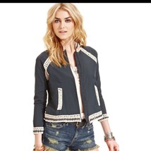 Free People Navy Crochet Trim Baseball Bomber Jacket Large - $44.88