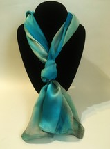 Hand Painted Silk Scarf Seafoam Blue Green Turquoise Silver Unique New Gift - £45.03 GBP