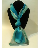 Hand Painted Silk Scarf Seafoam Blue Green Turquoise Silver Unique New Gift - £44.77 GBP