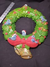 Vintage Ceramic Scioto Molds Christmas Holly Berry Wreath Blue Birds Bells 16&quot; - £30.26 GBP