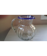 Cobalt Blue Rim Ribbed Design Glass Bola Ball 2-qt Handled Pitcher - $372.32 MXN