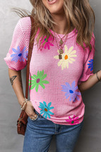 Pink Textured Colorful Floral Print Puff Sleeve T Shirt - $22.99