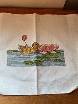 Beautiful Cross Stitched Swimming Duckling in Pond Near Pink Water Lily Flower - $9.49