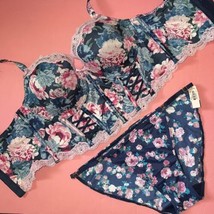 Victoria&#39;s Secret Longline 32DD,34C Bra Set Xs,M Panty Navy Blue Pink Peony Lace - $79.19