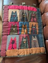 Cranberry Blue Black Green &amp; Orange Plaid Kitty Cat Appliqued Quilt Wall... - £11.93 GBP