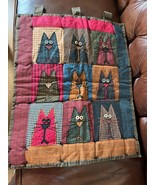 Cranberry Blue Black Green &amp; Orange Plaid Kitty Cat Appliqued Quilt Wall... - £11.86 GBP