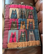 Cranberry Blue Black Green &amp; Orange Plaid Kitty Cat Appliqued Quilt Wall... - $14.89