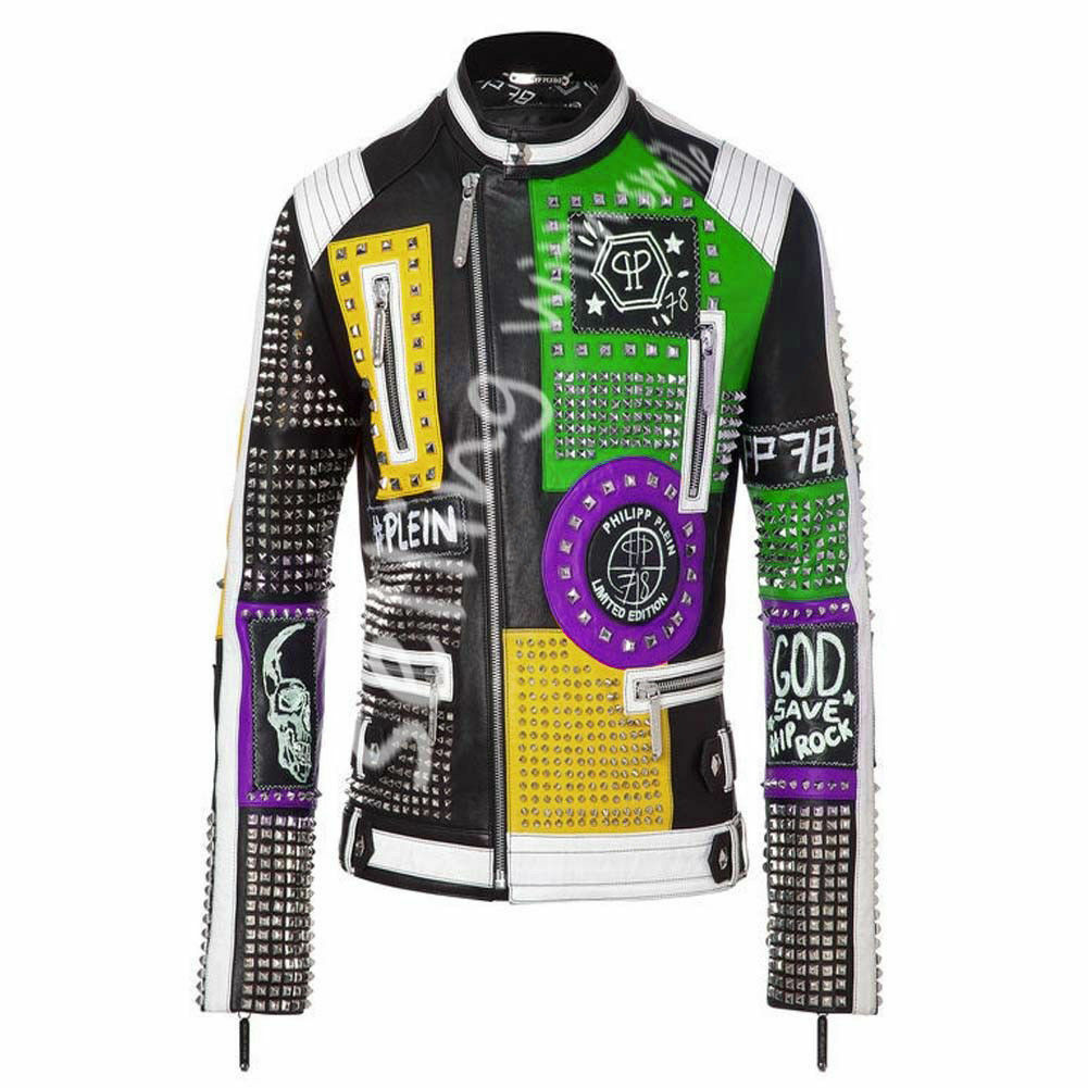 Mens PHILIPP PLEIN Leather Green Purple Color Studded Embroidery Patches Jacket