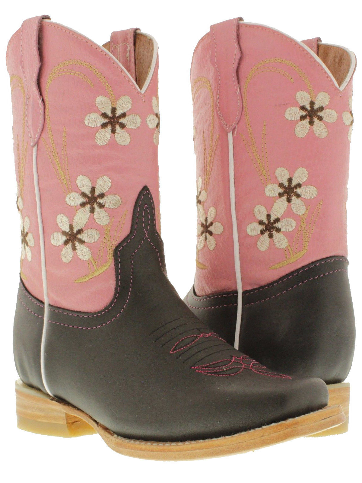Primary image for Girls Kids Black Pink Leather Flower Rodeo Square Pull On Western Cowgirl Boots