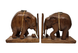 Vintage Pair of Hand Carved Wooden Elephant Bookends with Saddles 7&quot; x 6.5&quot; - £28.92 GBP
