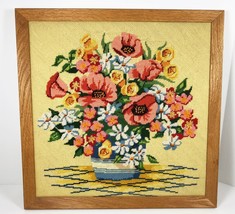 Vintage NeedlePoint Wall Art Floral Arrangement Framed Picture 18x18 Yellow Oran - £35.02 GBP