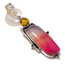 Pink Stripped Agate,Citrine Natural Gemstone 925 Silver Handmade Artisan Pendant - £7.98 GBP