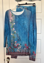 Women&#39;s Floral Blue Long Sleeve Top and Pants Set Size L - $552.10 MXN