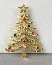 Avante Gold tone Rhinestone Christmas Tree Brooch Vintage Pin EUC - £7.60 GBP