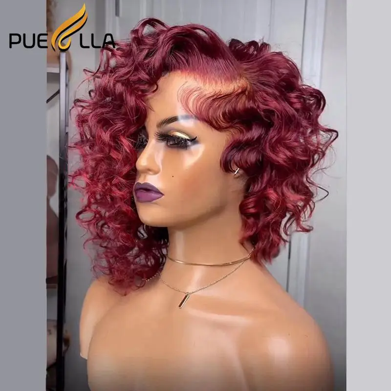Deep Curly Burgundy Red Colored Short Pixie Cut 360 Full Lace Wig Human Ha - £131.58 GBP+