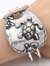 Sea Turtle Bracelet Large Hinged Cuff Silver Tone Color Ocean Beach Animal Surf - £15.00 GBP