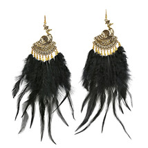 Brilliant Brass Peacock &amp; Fluffy Black Feathers Dangle Earrings - $23.75