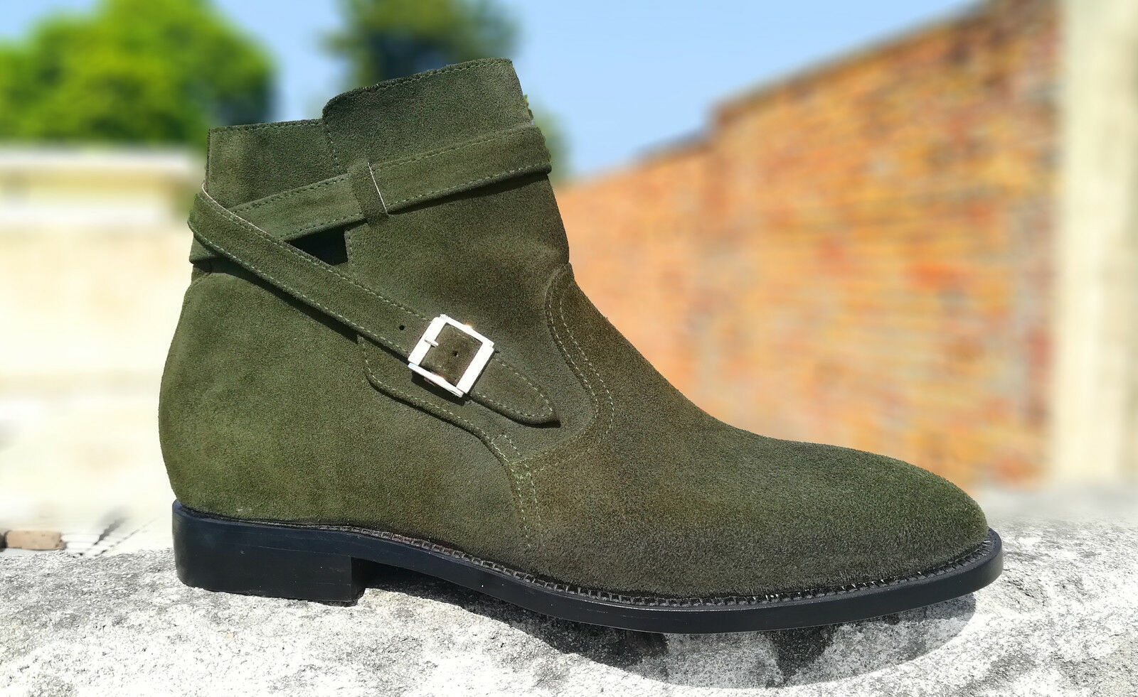 Green Jodhpur Rounded Buckle Strap Ankle Suede Leather Black Sole Boots US 7-16