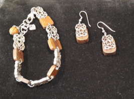 VTG BRIGHTON Bracelet &amp; Earrings Set Sz 8 Silver Tone Scroll pattern &amp; W... - £15.09 GBP