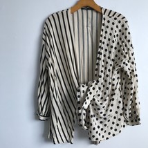 Zara Shirt M Black White Strip Polka Dot Color Block Long Sleeve Wrap Top Blouse - £19.49 GBP