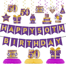 50Th Birthday Party Decorations, Glitter Purple Gold Happy 50Th Birthday Decorat - £21.91 GBP