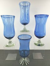 4 Hand Blown Blue Water Goblets Set 8 1/2&quot; Cobalt Blue Bowl Clear Stem Glasses - £39.42 GBP