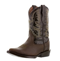 Kids Unisex Leather Cowboy Boots Solid Brown Casual Rodeo J Toe Size 8, 9, 13, 2 - £42.54 GBP