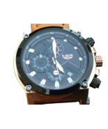 Lige Chronograph Wristwatch Large Face Model 1853 Black Bezel Gold Leath... - $48.39