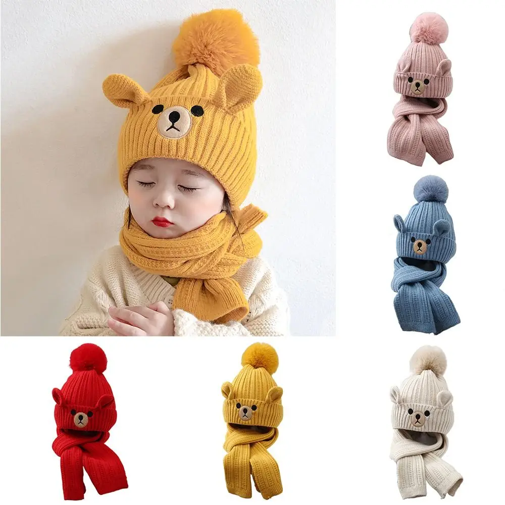 Cute Bear Children Scarf Hat Set Baby Wool Crotch Beanie For Girls And Boys - £14.09 GBP+