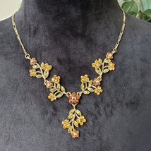 Vintage Yellow &amp; Brown Crystal Leaf Flower Pendant Necklace with Lobster... - $25.74