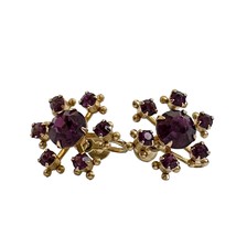 Vintage Womens Screw Back Gold Earrings Deep Purple 7 Glass Stones Round  - $21.78