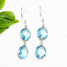 925 Sterling Silver Blue Topaz Earrings Dangle Handmade Gemstone Jewelry - £26.89 GBP