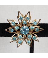 Vintage Starburst Aqua  Blue Crystal Stones Winter Flower  Snowflake Brooch - $38.47