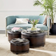 Set Of 3 Brown Deco 79 Wood Storage Ottomans With Tufted Tops, 29&quot;,, And 20&quot;W. - £291.69 GBP