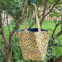 Bleu stems on golden background fabric,Tote Bag, Reusable Grocery Bag, Shopping  - £12.06 GBP