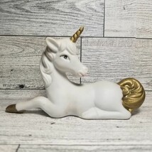 Vintage 4.5&quot; Taiwan Bisque Porcelain Unicorn Laying White &amp; Gold - $137.27 MXN