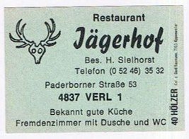 Matchbox Label Germany Restaurant Jagerhof Verl - £0.77 GBP